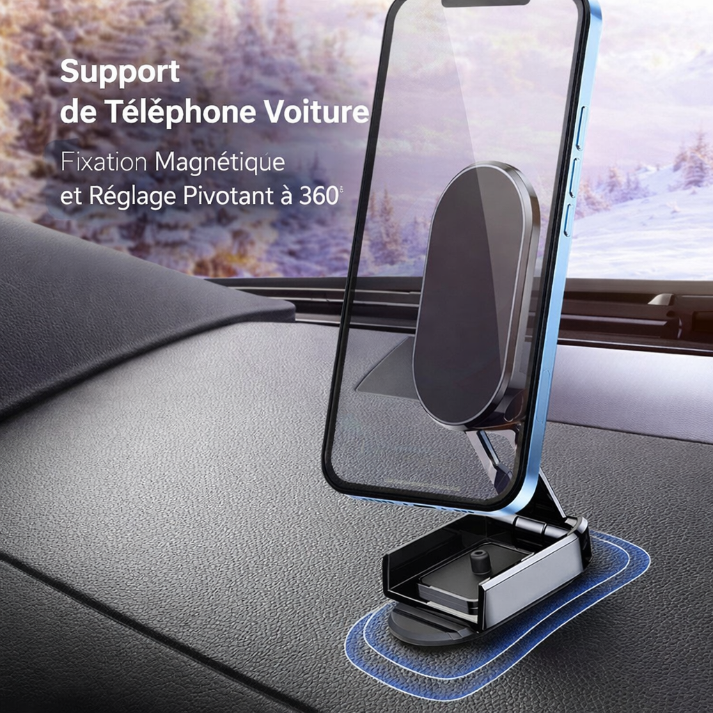 support de téléphone voiture avec fixation magnétique et réglage pivotant à 360°