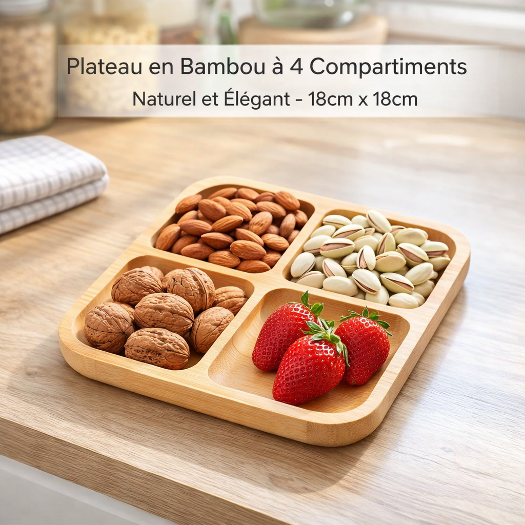plateau en bambou à 4 compartiments – naturel et Élégant 18cm x 18cm