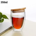 Tasse Double Paroi en Verre avec couvercle en Bambou – 350 ml