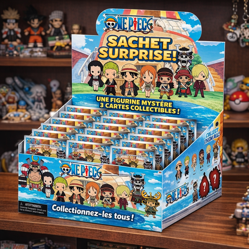 sachet surprise one piece : une figurine mystère et 3 cartes collectibles