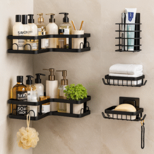 Pack 5 Étagères d'Angle Salle de Bain & Cuisine - Organisateur Mural Adhésif Sans Perçage - Noir Mat Premium