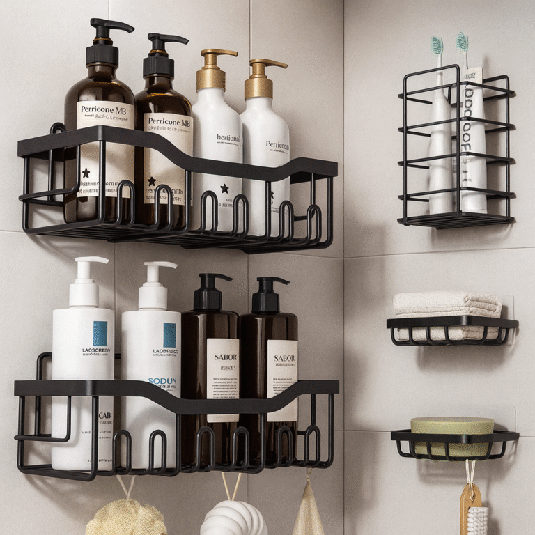 rangement salle de bain maroc,étagère douche noire,accessoires salle de bain,porte savon mural,organisation maison ramadan,déco salle de bain moderne,set salle de bain pas cher,étagère murale métal,porte brosse à dents design