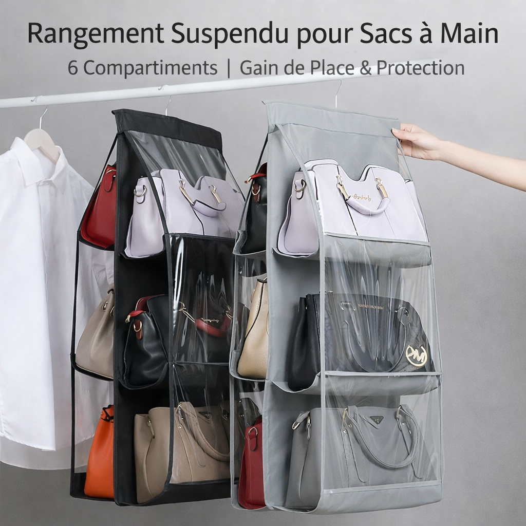 rangement suspendu pour sacs à main – 6 compartiments | gain de place & protection