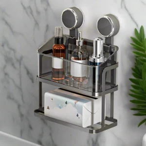 Étagère Murale avec Boîte de Rangement & Porte-Serviette – Fixation par Ventouses – Sans Perçage