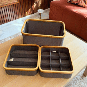 Lot de 3 Paniers de Rangement Élégants – Cadre Bambou & Tissu Gris