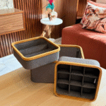 Lot de 3 Paniers de Rangement Élégants – Cadre Bambou & Tissu Gris – Image 4