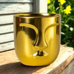 Vase / Pot Design Visage Doré – Finition Brillante Luxe