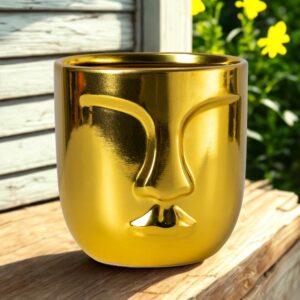 Vase / Pot Design Visage Doré – Finition Brillante Luxe