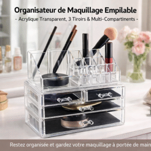 organisateur de maquillage empilable – acrylique transparent, 3 tiroirs & multi compartiments 24x13.3x19.3 cm