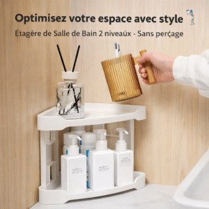 Étagère de salle de bain 2 niveaux – coin murale sans perçage | rangement shampooing & accessoires (blanc)