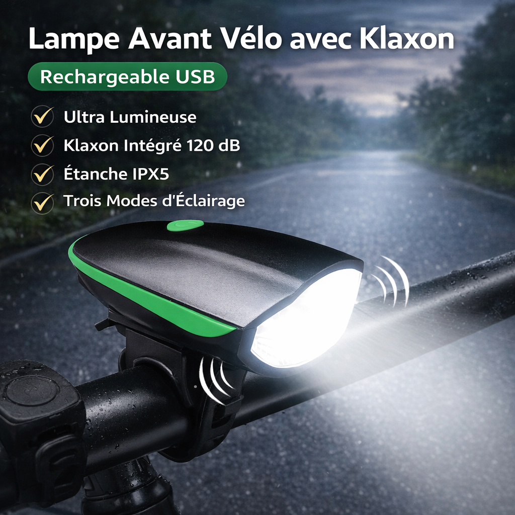 lampe avant vélo avec klaxon intégré – rechargeable usb | rouge, orange, vert, bleu