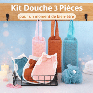 kit douche 3 pièces – gant, frotte dos & fleur de bain