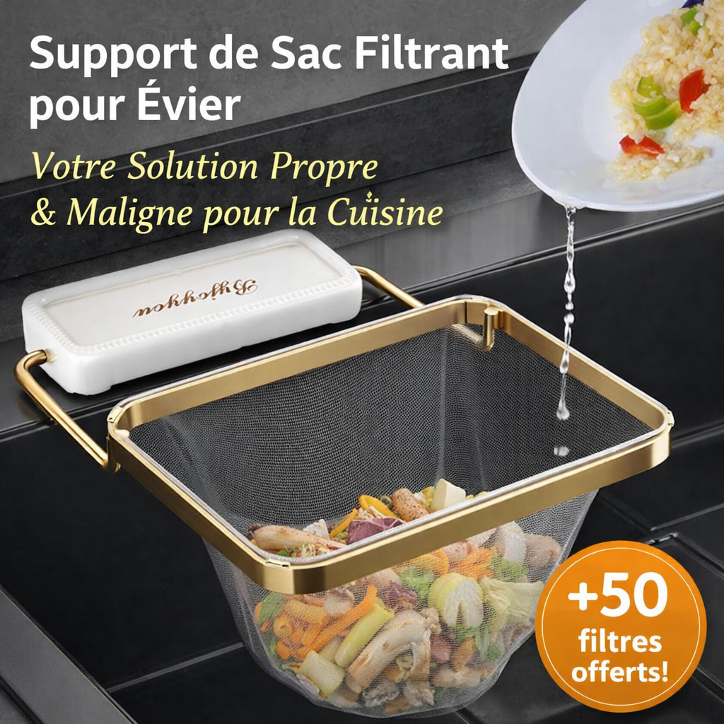 support de sac filtrant pour Évier – votre solution propre & maligne pour la cuisine + 50 filtres offerts !