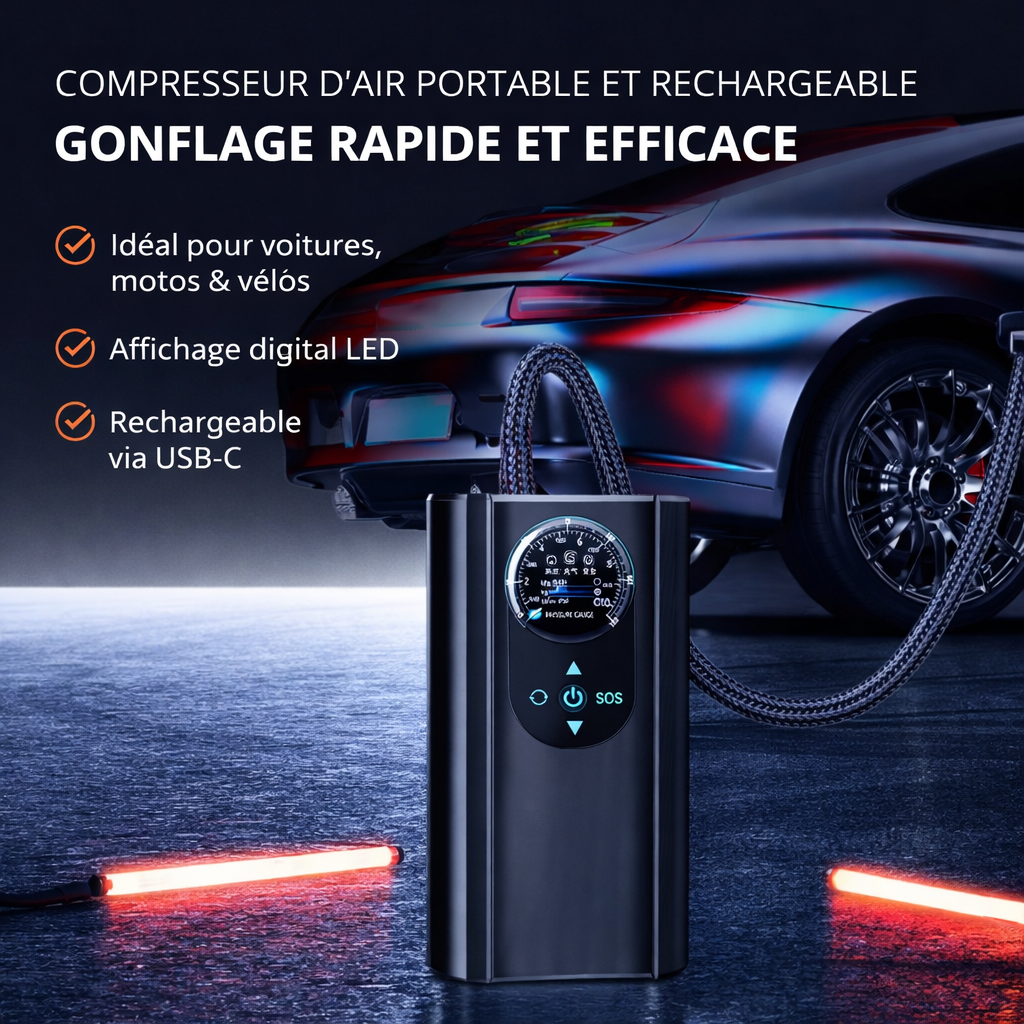 mini compresseur d’air Électrique portable – gonfleur rechargeable pour voiture, moto et vélo avec affichage digital led