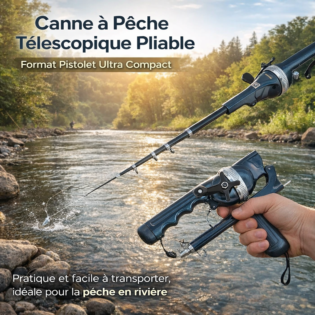canne à pêche télescopique pliable – format pistolet ultra compact