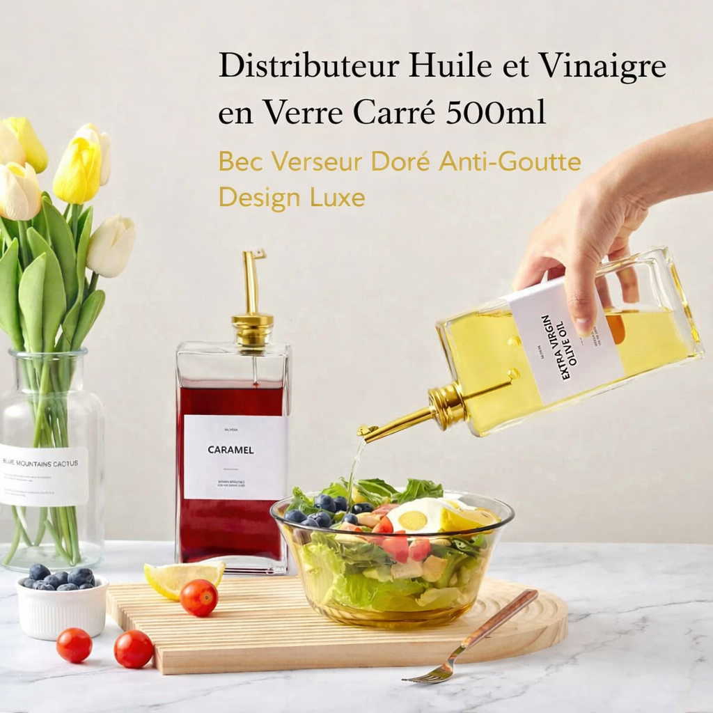 distributeur huile et vinaigre en verre carré 500ml bec verseur doré anti goutte design luxe