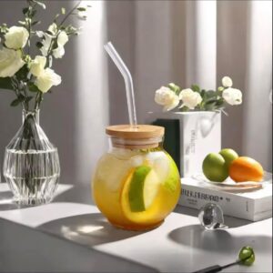 Bocal en Verre avec Couvercle Bambou & Paille – Tasse Ronde Écologique pour Boissons