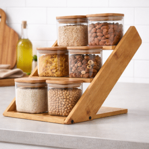 Étagère à Bocaux en Verre avec Support en Bois – Organisation Cuisine Élégante