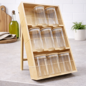 Lot de 9 Bocaux de Rangement en Verre avec Support en Bois – Organisation Cuisine Élégante