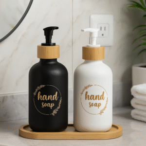 Distributeurs de savon design noir et blanc avec plateau en bambou – Ensemble de 2 flacons (3 modèles disponibles)