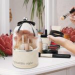 Organiseur Pinceaux Maquillage avec Couvercle Transparent – Base Rotative 360°, 6 Compartiments – Noir & Beige – Image 6