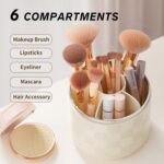 Organiseur Pinceaux Maquillage avec Couvercle Transparent – Base Rotative 360°, 6 Compartiments – Noir & Beige – Image 3