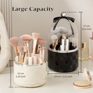 Organiseur Pinceaux Maquillage avec Couvercle Transparent – Base Rotative 360°, 6 Compartiments – Noir & Beige