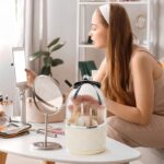 Organiseur Pinceaux Maquillage avec Couvercle Transparent – Base Rotative 360°, 6 Compartiments – Noir & Beige – Image 4