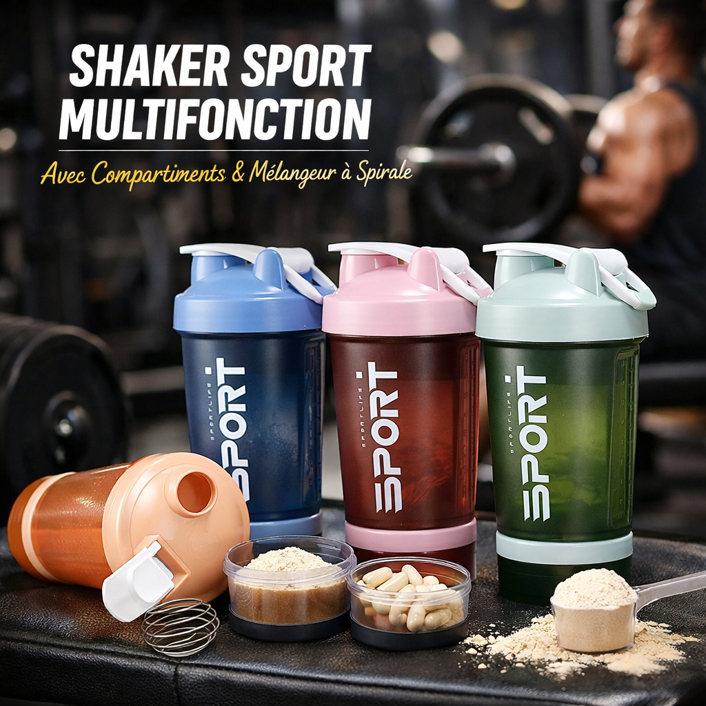 shaker sport multifonction – avec compartiments & mélangeur à spirale