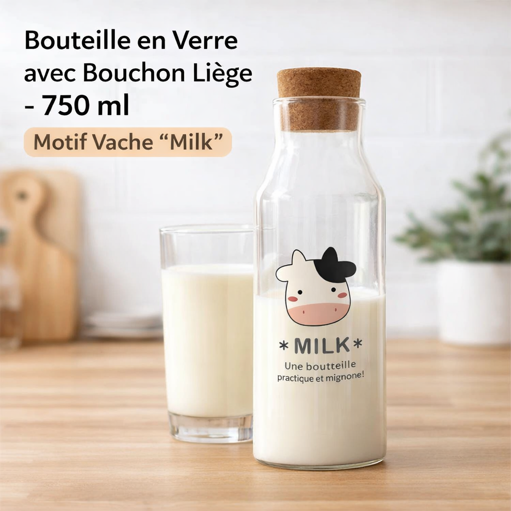 bouteille en verre avec bouchon liège – 750 ml | motif vache "milk"