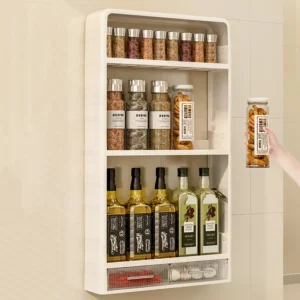 Étagère murale de cuisine 3 niveaux avec tiroirs – Rangement pratique sans perçage