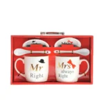 Set de 2 Tasses “Mr & Mrs Right” avec Sous-Tasses et Cuillères – Cadeau Couple Original – Image 2