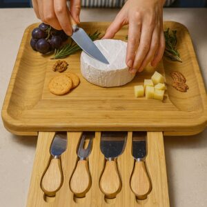 Plateau à fromage en bambou avec tiroir et 4 couteaux – Planche apéritif élégante