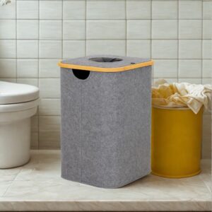 Panier à Linge Rectangulaire avec Couvercle – Tissu Gris & Finition Bois 30 x 24 x 90 cm