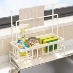 Égouttoir Organisateur Évier Cuisine – Porte-Serviettes Intégré, Rangement Éponges & Savon - 23x9x24 cm