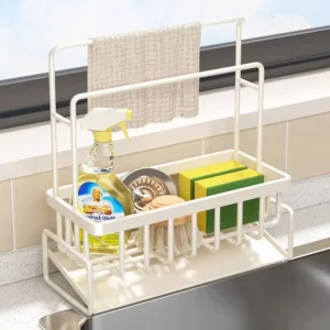 Égouttoir Organisateur Évier Cuisine – Porte-Serviettes Intégré, Rangement Éponges & Savon - 23x9x24 cm