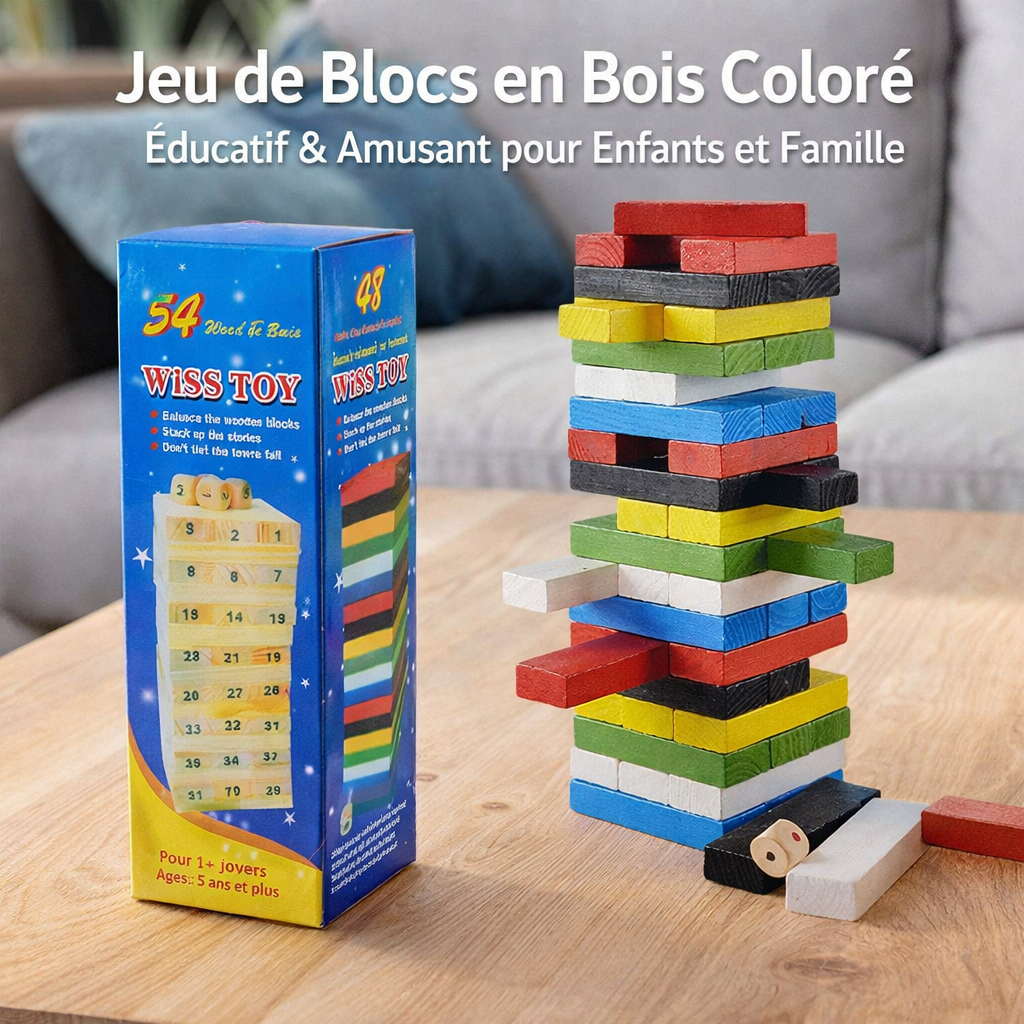 jeu de blocs en bois coloré wiss toy – 54 pièces Éducatif et amusant pour enfants et famille