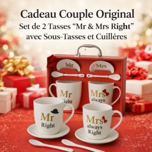 set de 2 tasses “mr & mrs right” avec sous tasses et cuillères – cadeau couple original