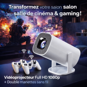 vidéoprojecteur blanc full hd 1080p + double manette sans fil – projector + game 4k wifi & bluetooth