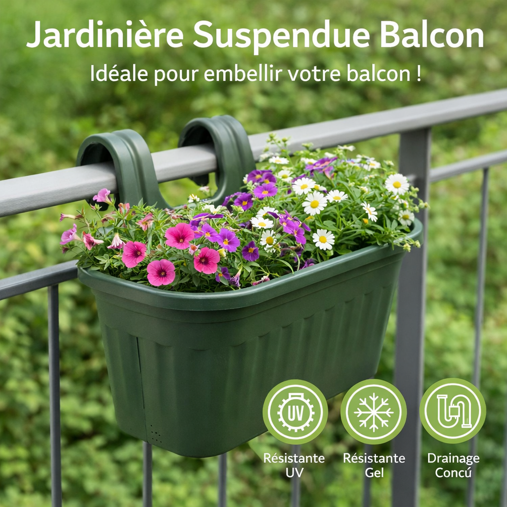 jardinière suspendue balcon – pot de fleurs double anse avec drainage – résistante uv et gel