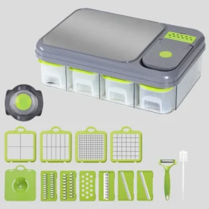 Coupe-Légumes Multifonction 13-en-1 – Hachoir Mandoline Rapide, Râpe Sûre avec Conteneur - 45cm x 30cm x 13.8cm