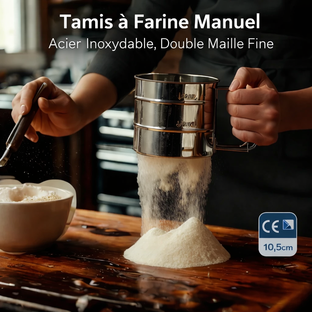 tamis à farine manuel – acier inoxydable, double maille fine, poignée ergonomique 10.5cm