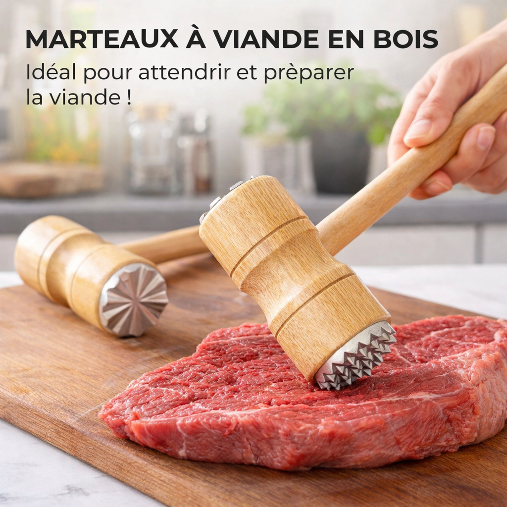 maillet attendrisseur de viande – double face, manche en bois naturel 26cm