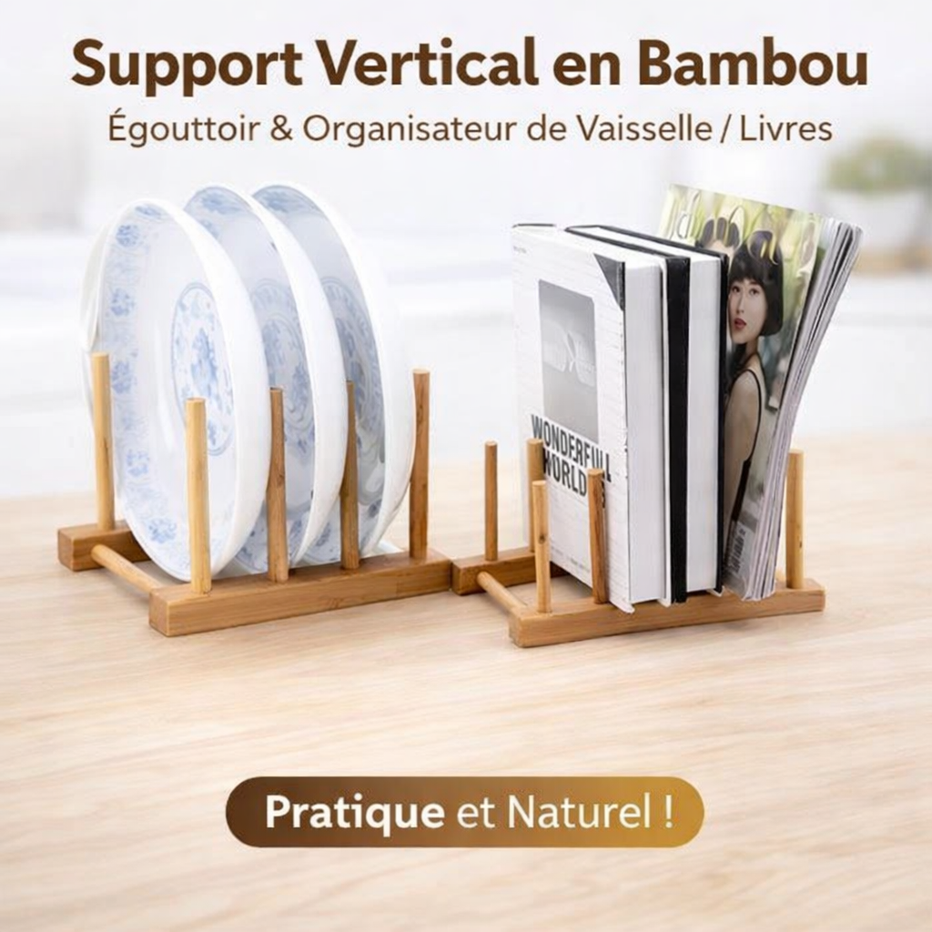 support vertical en bambou – Égouttoir & organisateur de vaisselle / livres