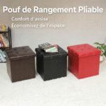 pouf de rangement pliable – ottoman assise confortable, similicuir résistant 15x15x15 pouces