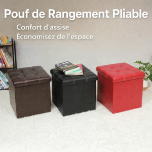 pouf de rangement pliable – ottoman assise confortable, similicuir résistant 15x15x15 pouces