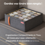 organisateur compartimenté en tissu – rangement 24 cases pour sous vêtements, chaussettes & accessoires (32×32×11 cm)