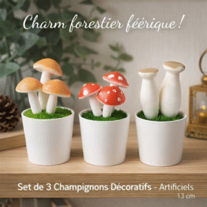 set de 3 champignons décoratifs – artificiels, style féérique forêt 13 cm