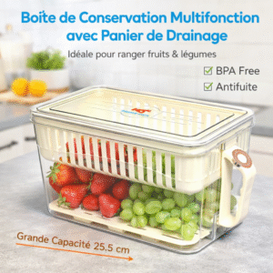 boîte de conservation multifonction avec panier de drainage – grande capacité 25.5 cm | rangement fruits & légumes – antifuite, bpa free