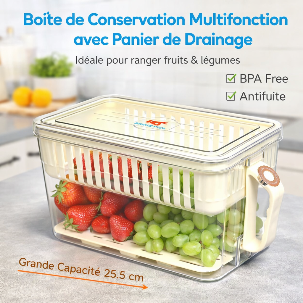 boîte de conservation multifonction avec panier de drainage – grande capacité 25.5 cm | rangement fruits & légumes – antifuite, bpa free